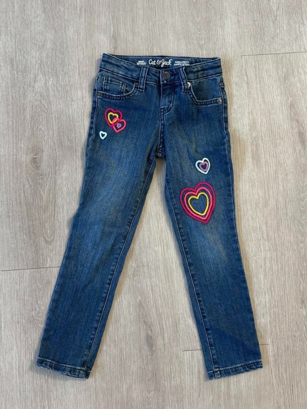 Cat & Jack Girls Jeans Size 6 Blue Denim Heart Embroidered Skinny Stretch Pants